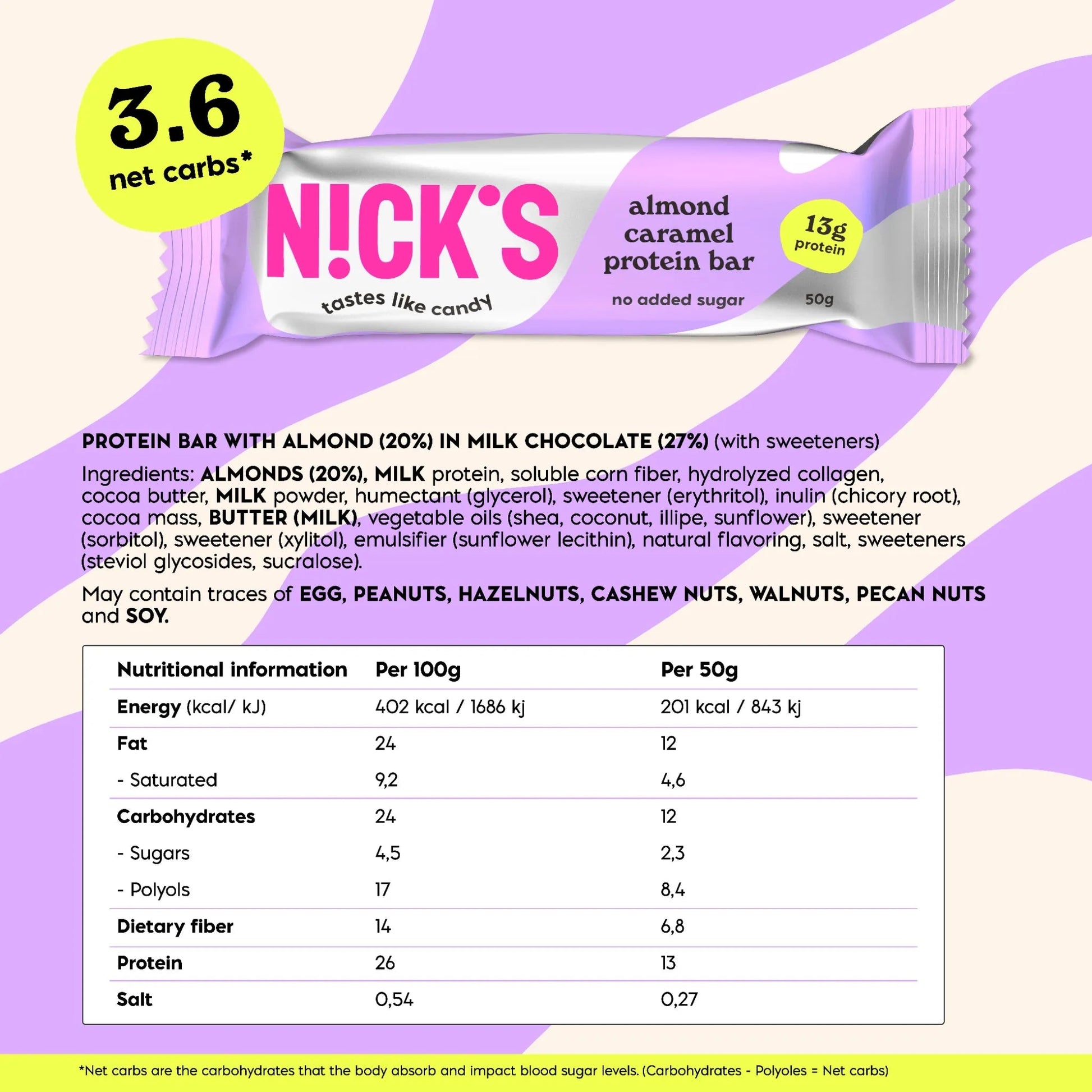 NICK'S - Proteiinibatoon "almond caramel" 12 x 50g - njom.ee