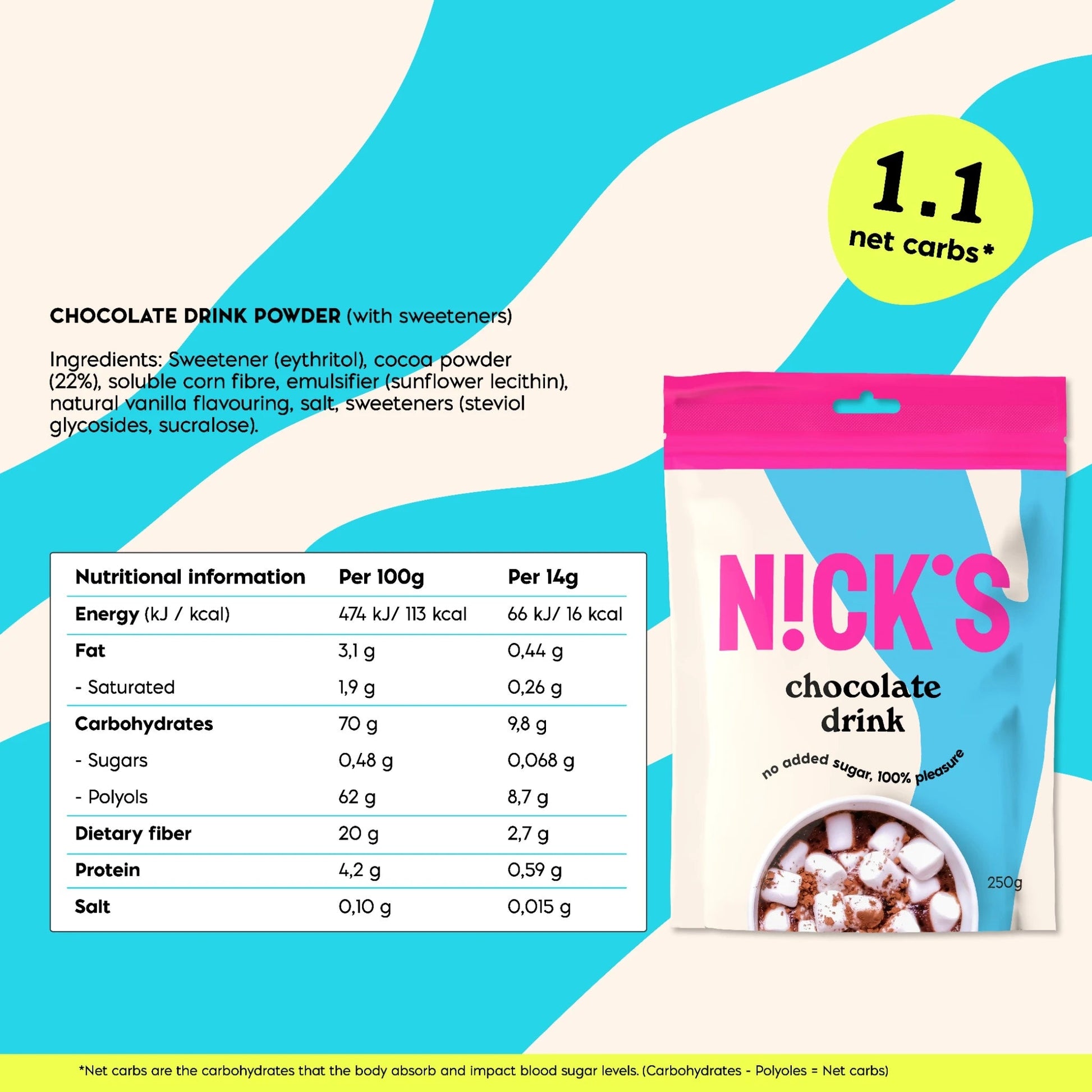 NICK'S - Šokolaadijoogipulber "chocodrink" 250g - njom.ee