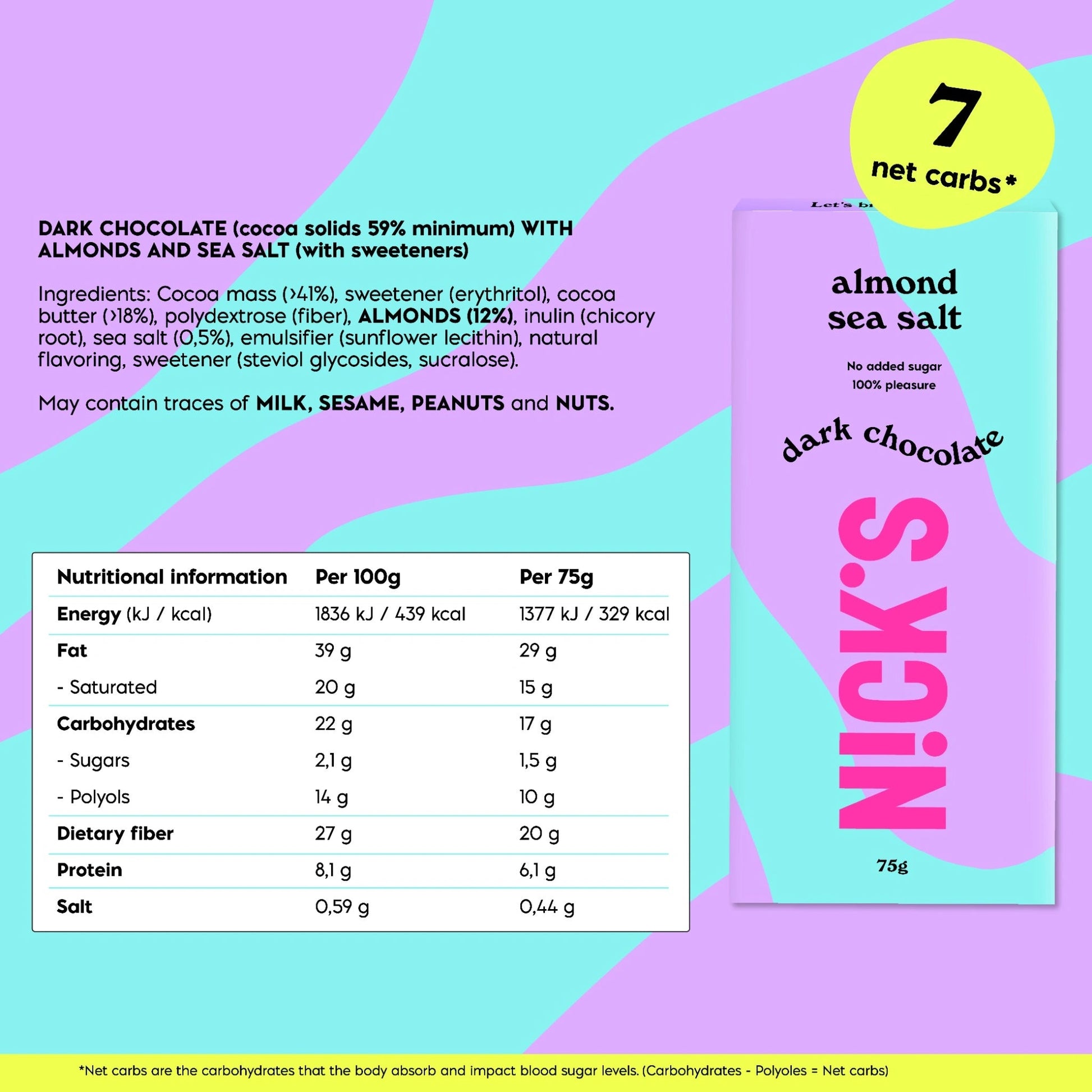 NICK'S - Šokolaaditahvel ''almond sea salt'' 75g - njom.ee