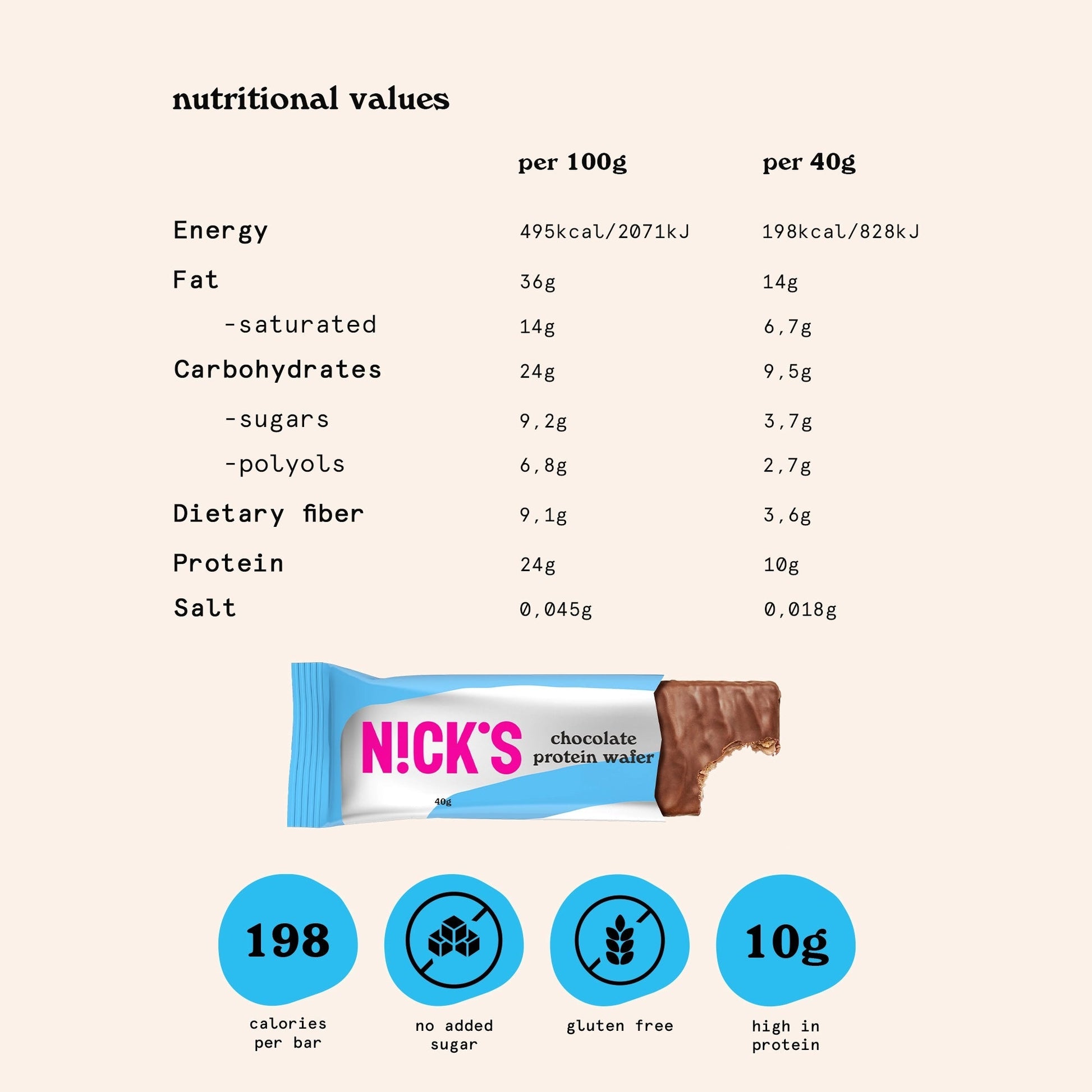 NICK'S - Proteiinivahvel "chocolate" 24 x 40g - njom.ee