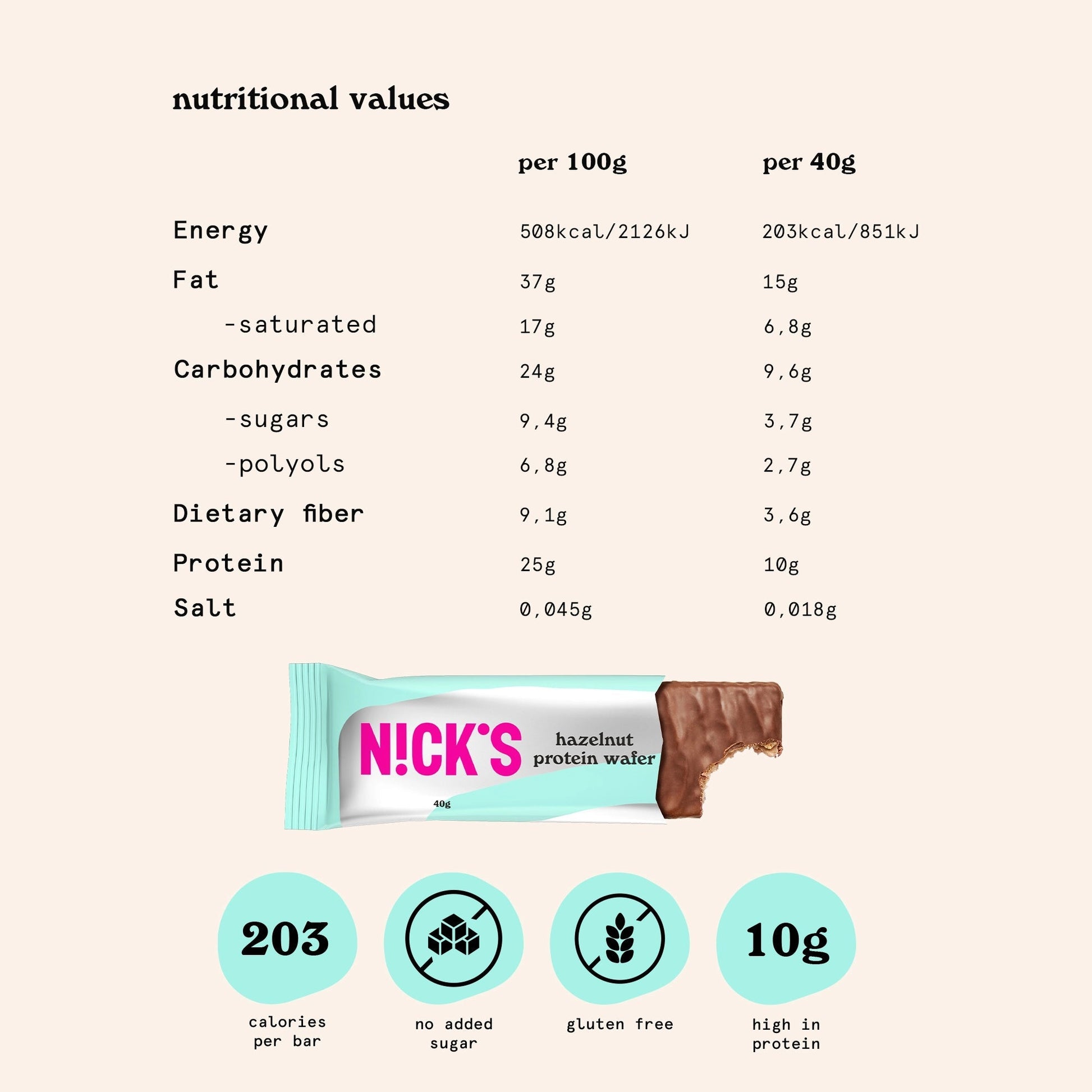 NICK'S - Proteiinivahvel "hazelnut" 24 x 40g - njom.ee