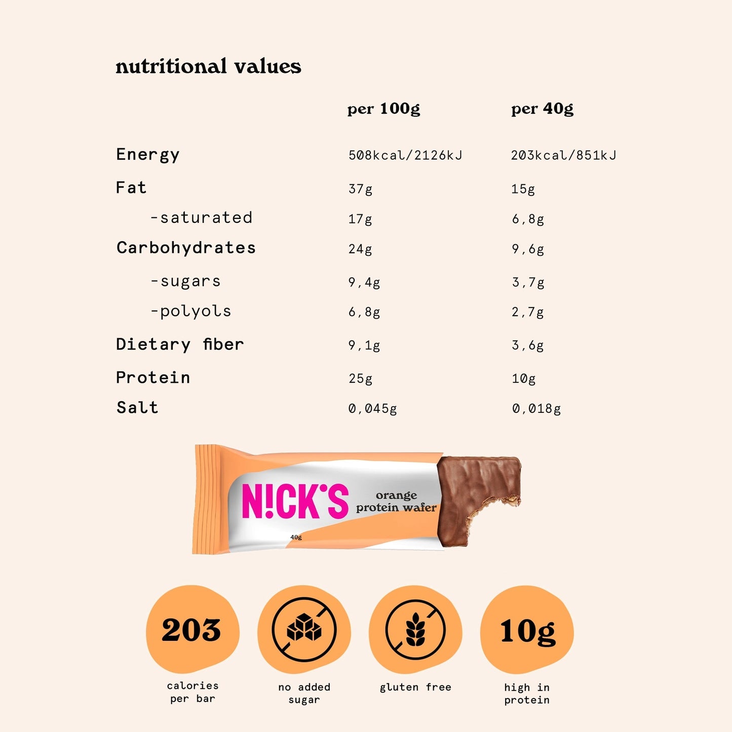 NICK'S - Proteiinivahvel "orange" 24 x 40g - njom.ee