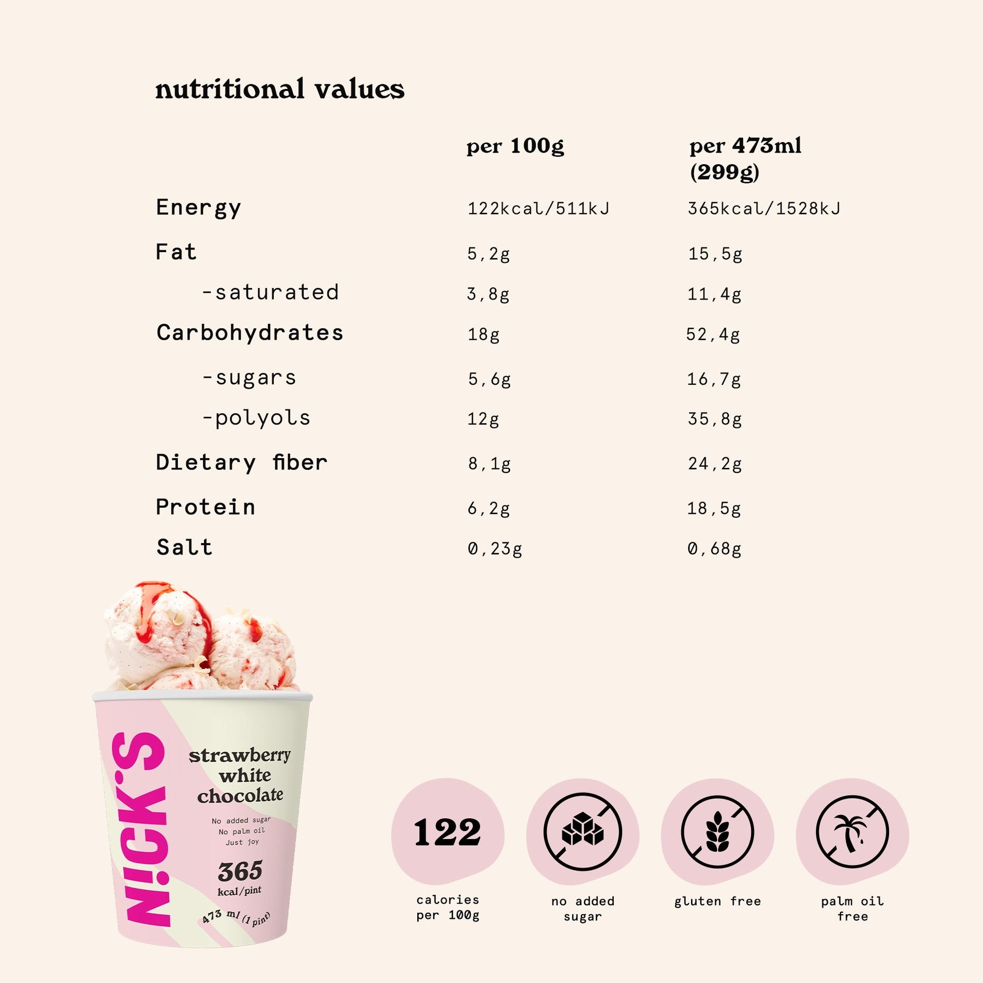 NICK'S jäätis-Jäätis "strawberry white chocolate" 8 x 473ml - njom.ee