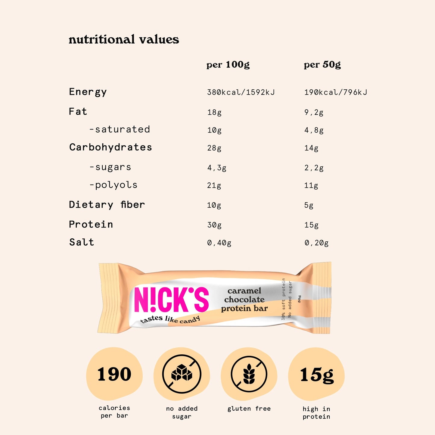 NICK'S-Proteiinibatoon "caramel chocolate" 12 x 50g - njom.ee
