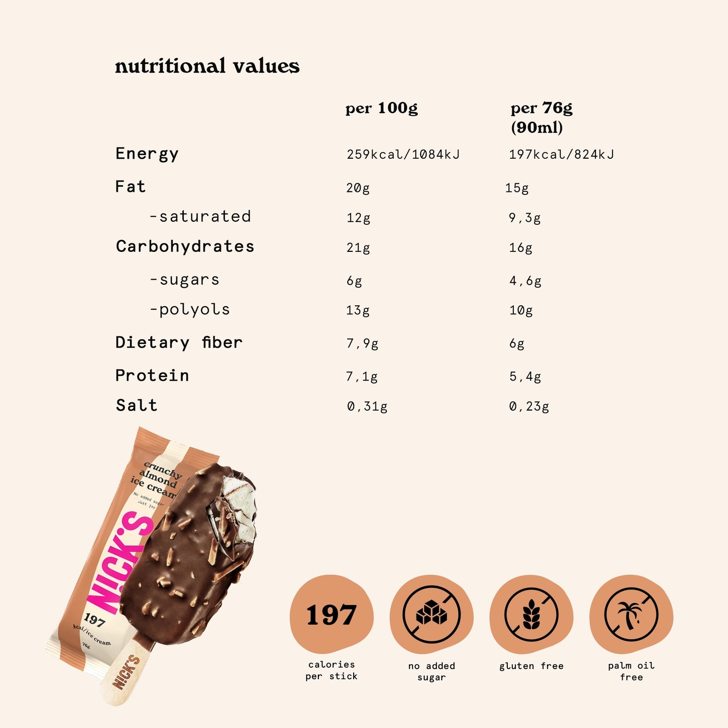 NICK'S jäätis-Pulgajäätis "crunchy almond" 20 x 90ml - njom.ee